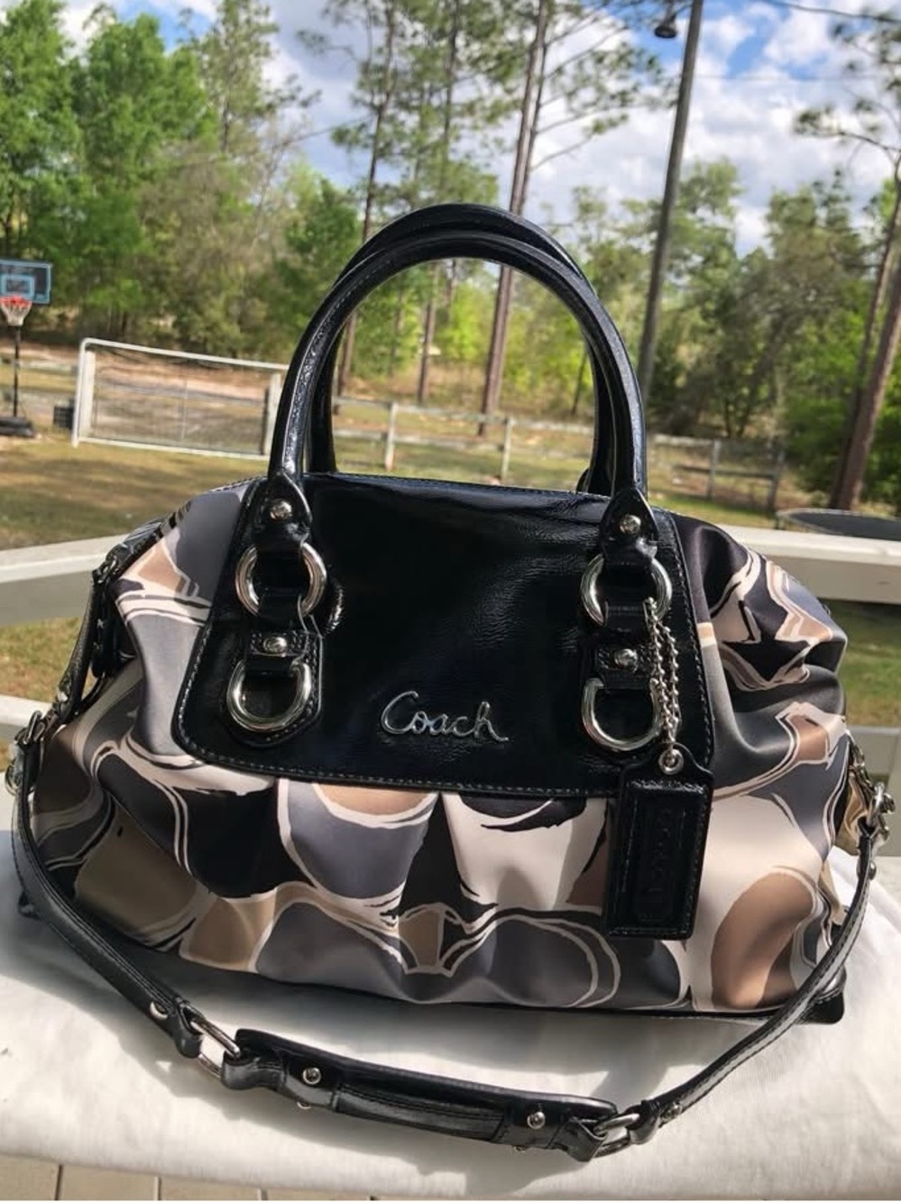 NWT!Coach Black, Beige & Gray Pattern Print Satchel